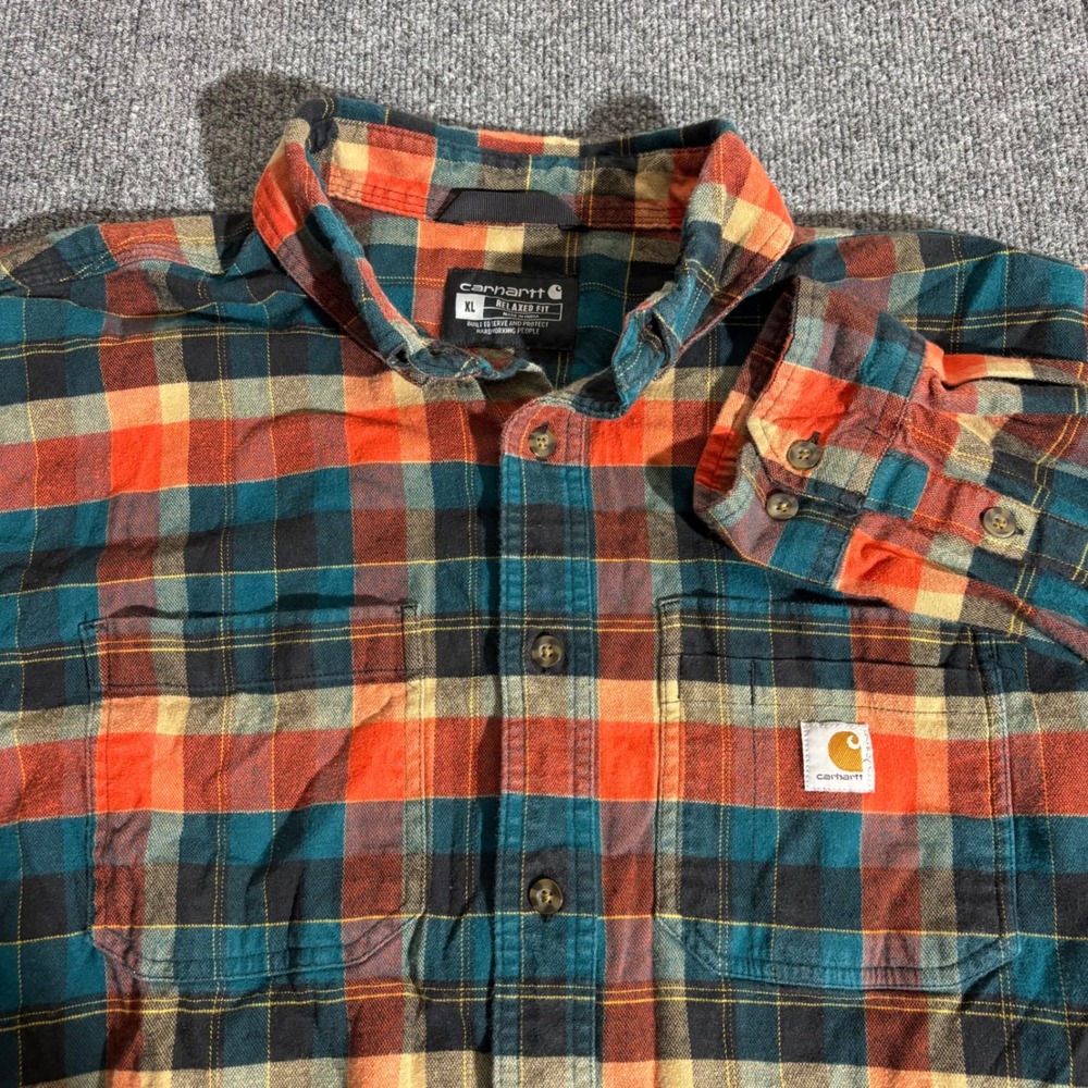 Carhartt Mens XL Relaxed Fit Plaid Flannel Button Down Shirt Orange Teal Multi